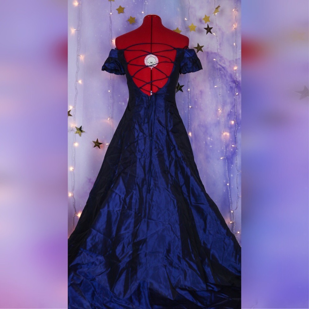 Dark blue organza floor length ball gown dress